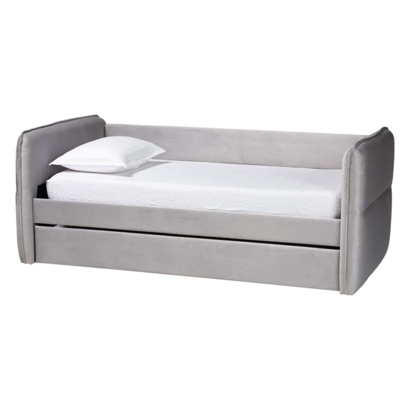 Finch Light Grey Velvet Fabric Twin Daybed with Trundle