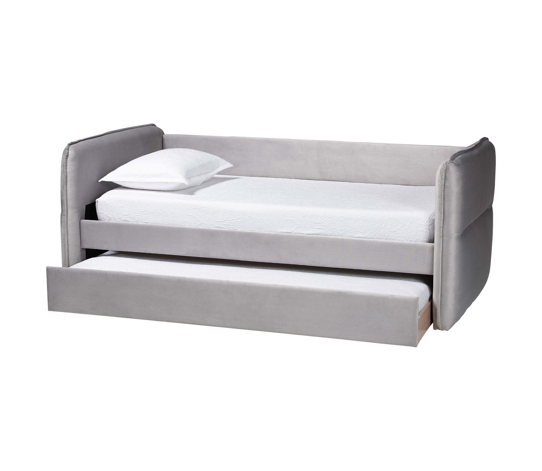 Finch Light Grey Velvet Fabric Twin Daybed with Trundle