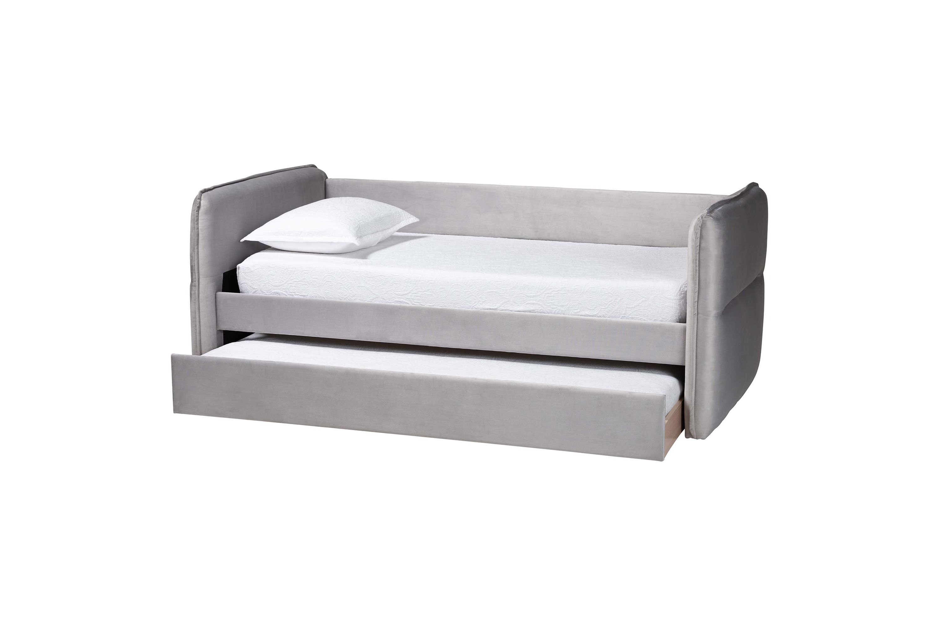Finch Light Grey Velvet Fabric Twin Daybed with Trundle