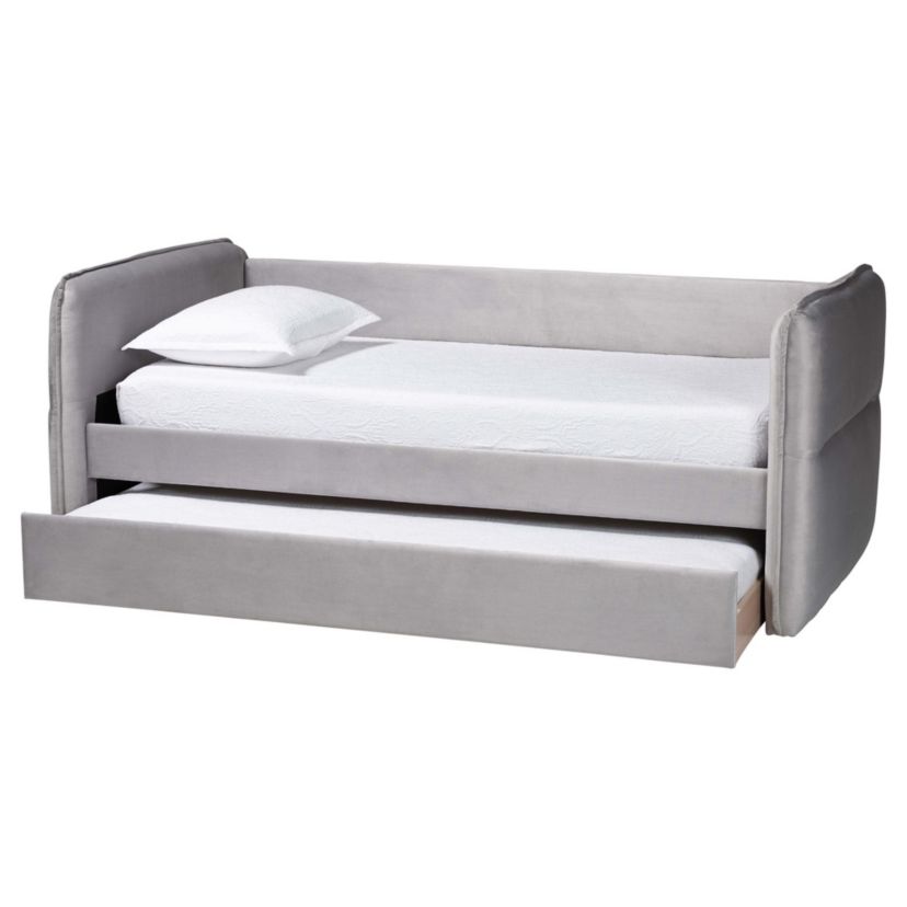 Finch Light Grey Velvet Fabric Twin Daybed with Trundle