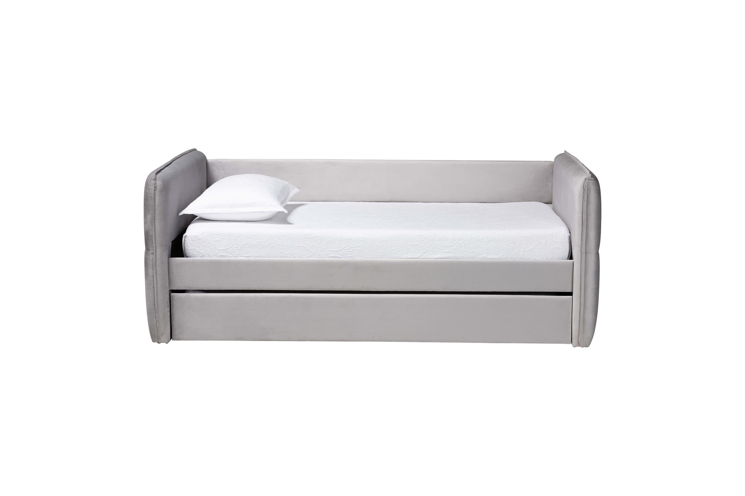 Finch Light Grey Velvet Fabric Twin Daybed with Trundle
