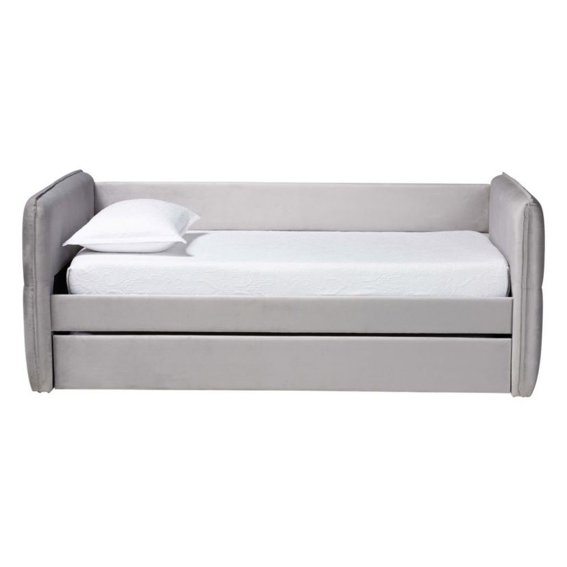Finch Light Grey Velvet Fabric Twin Daybed with Trundle