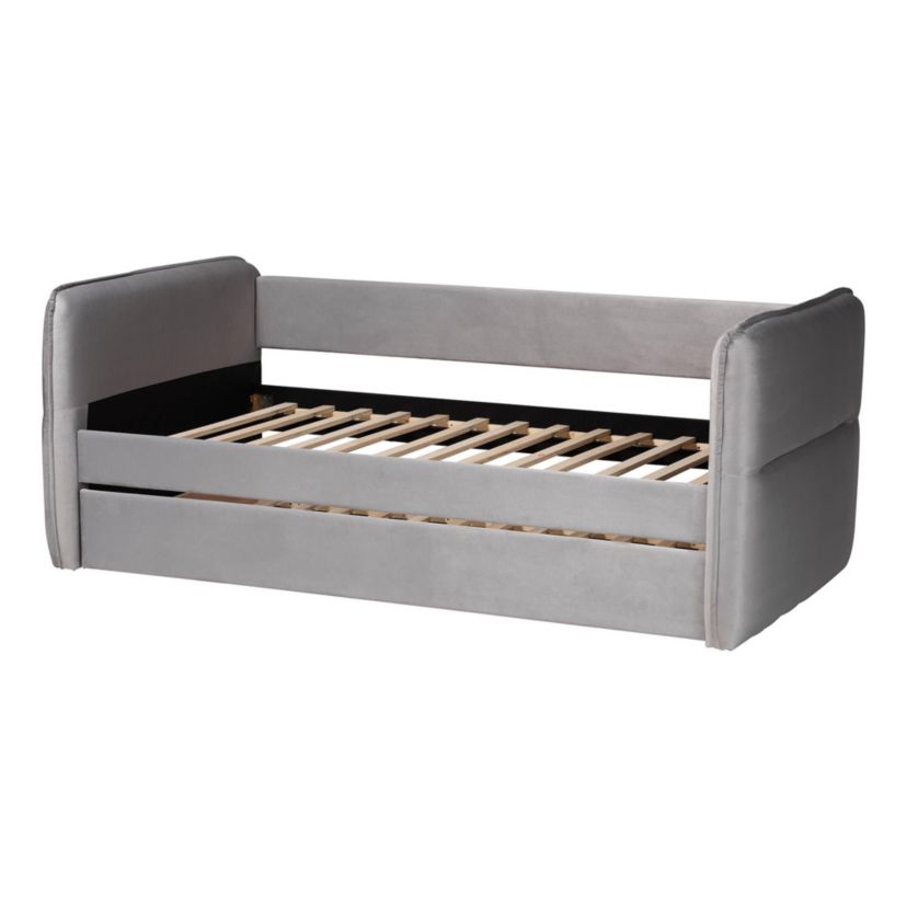 Finch Light Grey Velvet Fabric Twin Daybed with Trundle