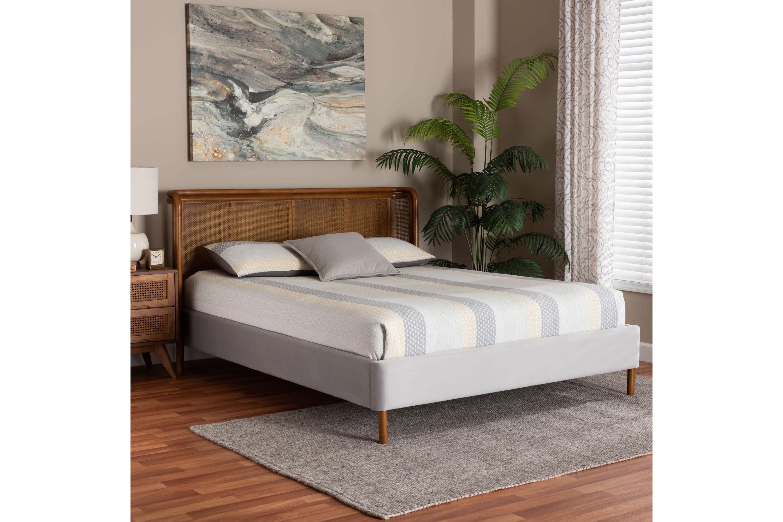 Harrell Grey Velvet and Woven Rattan Wood Queen Bed