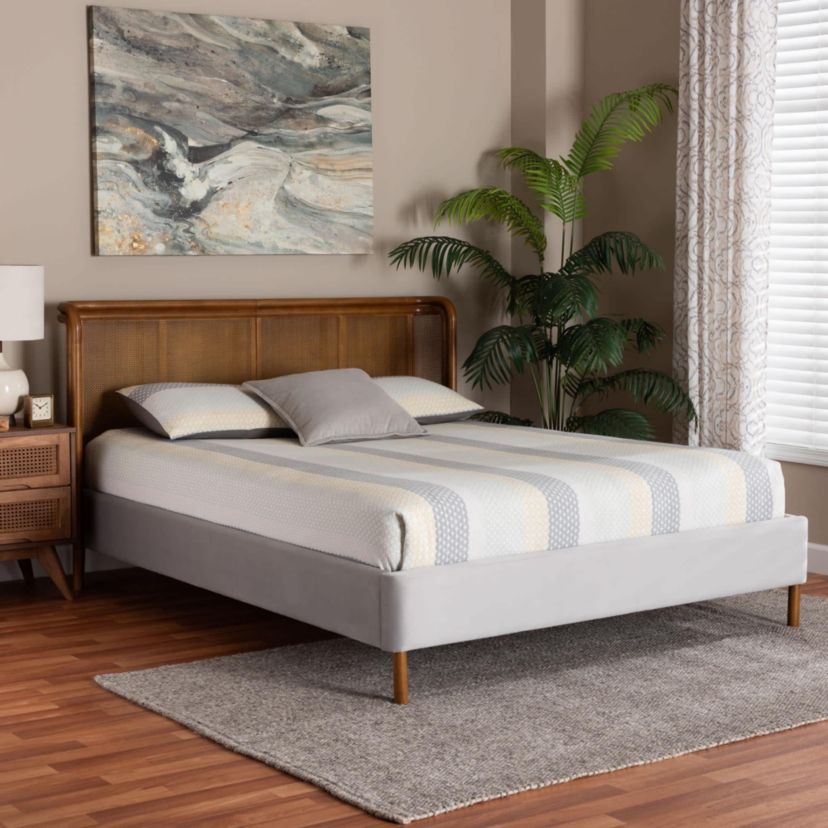 Harrell Grey Velvet and Woven Rattan Wood Queen Bed