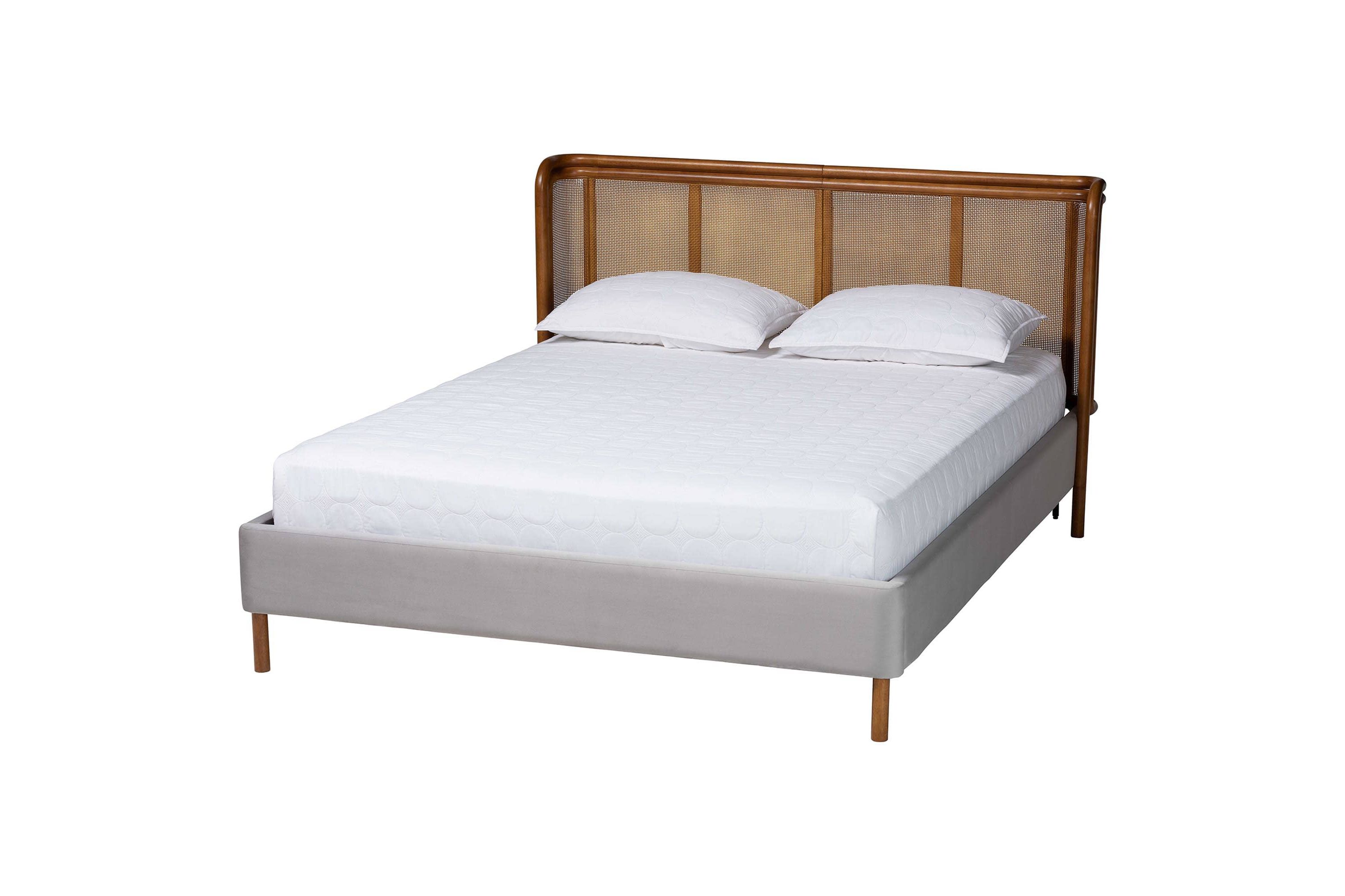 Harrell Grey Velvet and Woven Rattan Wood Queen Bed