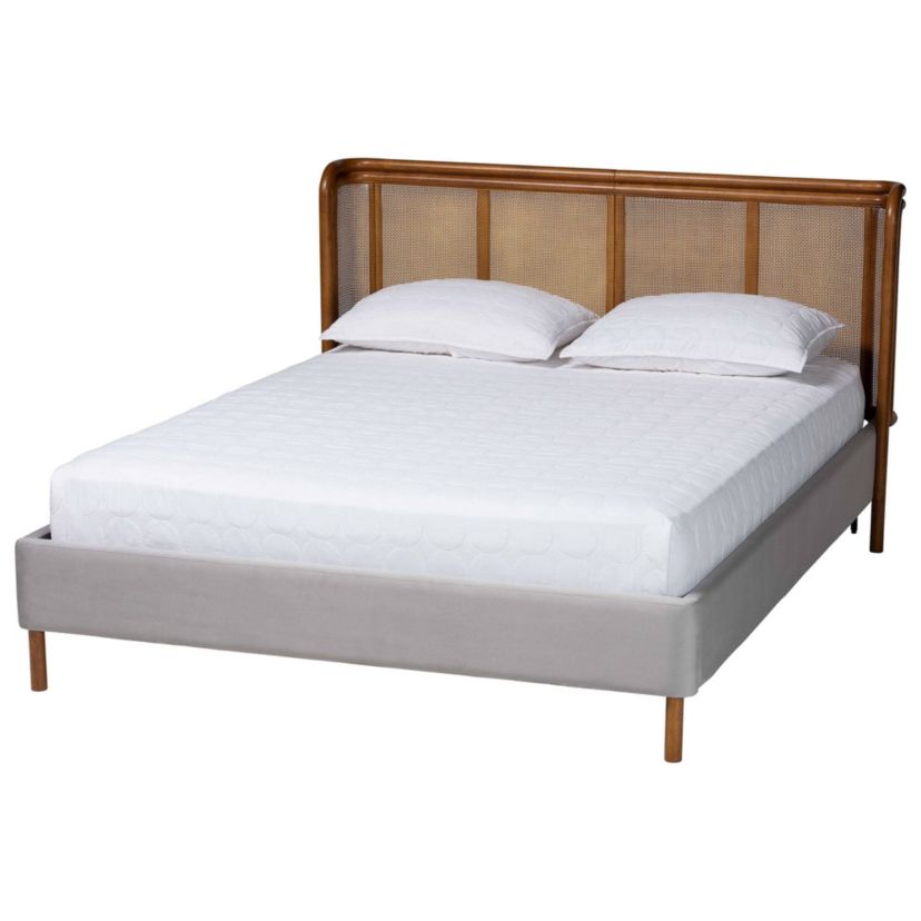Harrell Grey Velvet and Woven Rattan Wood Queen Bed