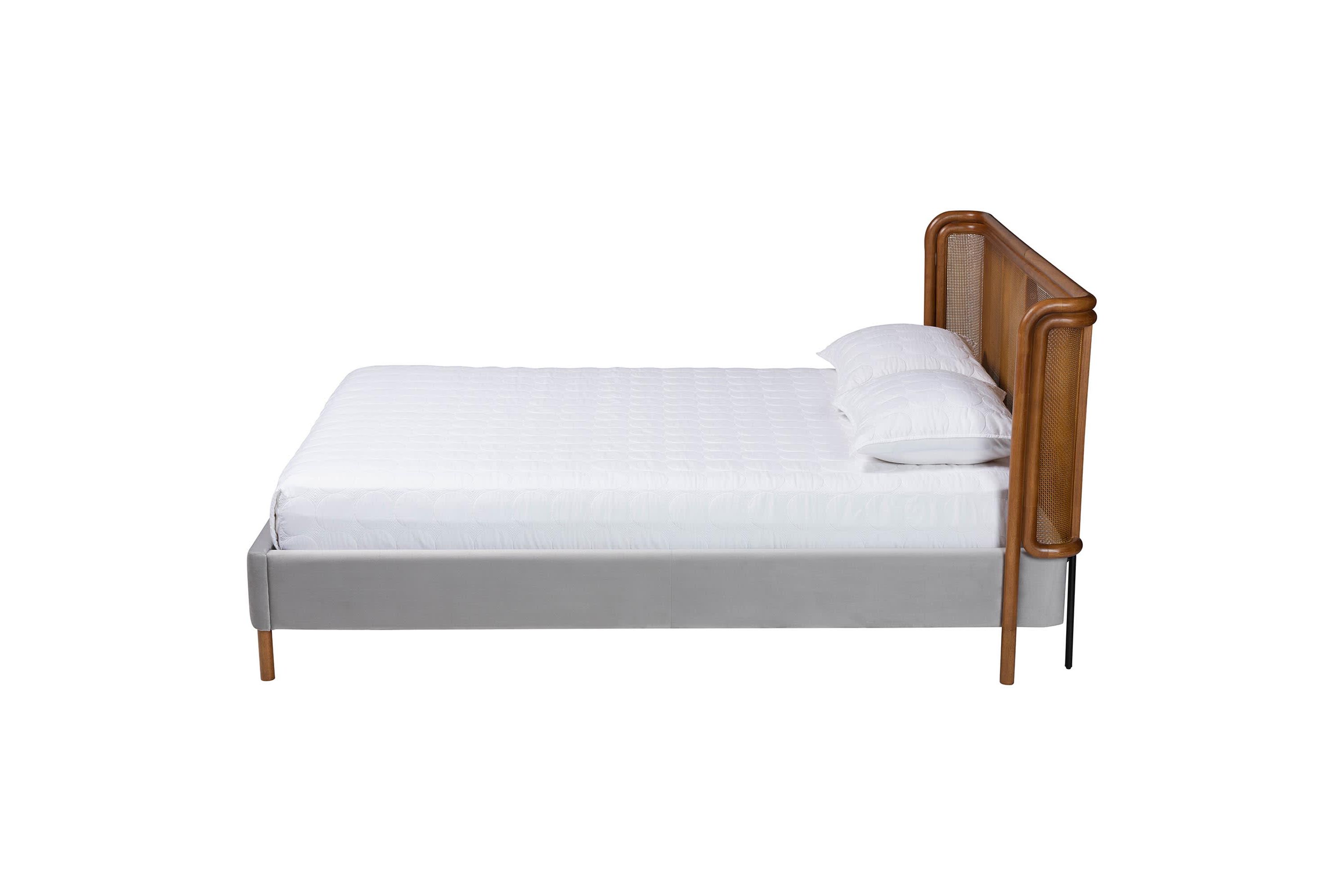 Harrell Grey Velvet and Woven Rattan Wood Queen Bed