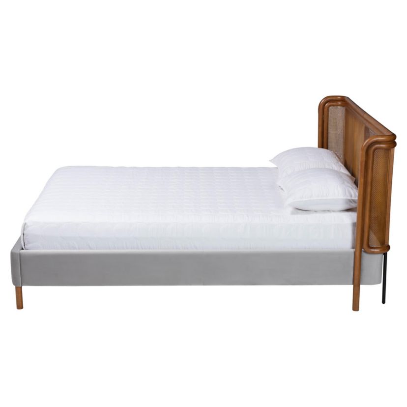 Harrell Grey Velvet and Woven Rattan Wood Queen Bed
