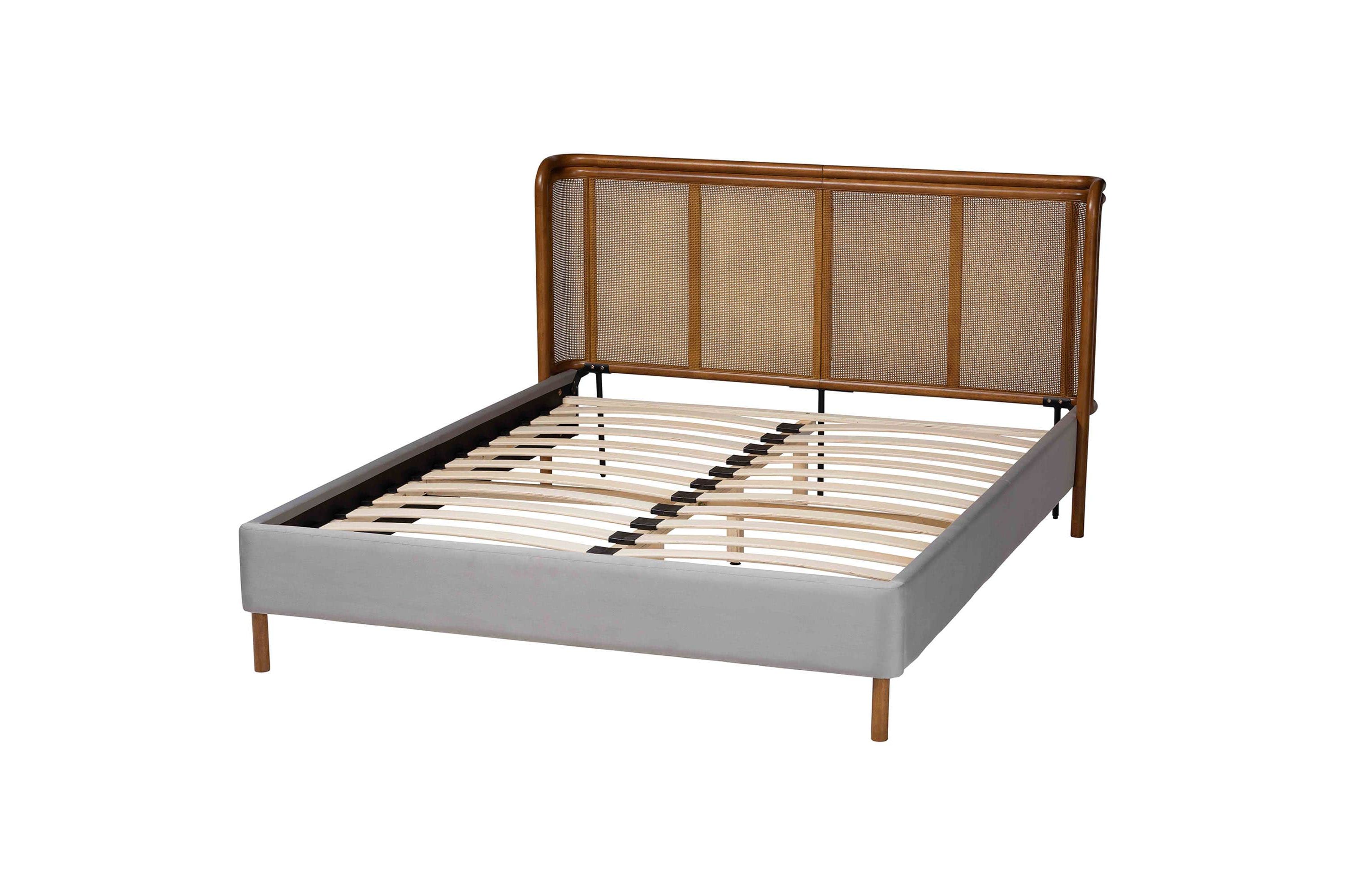 Harrell Grey Velvet and Woven Rattan Wood Queen Bed