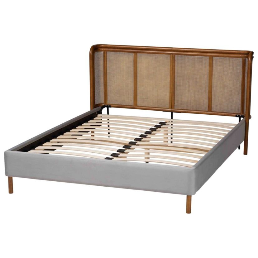 Harrell Grey Velvet and Woven Rattan Wood Queen Bed