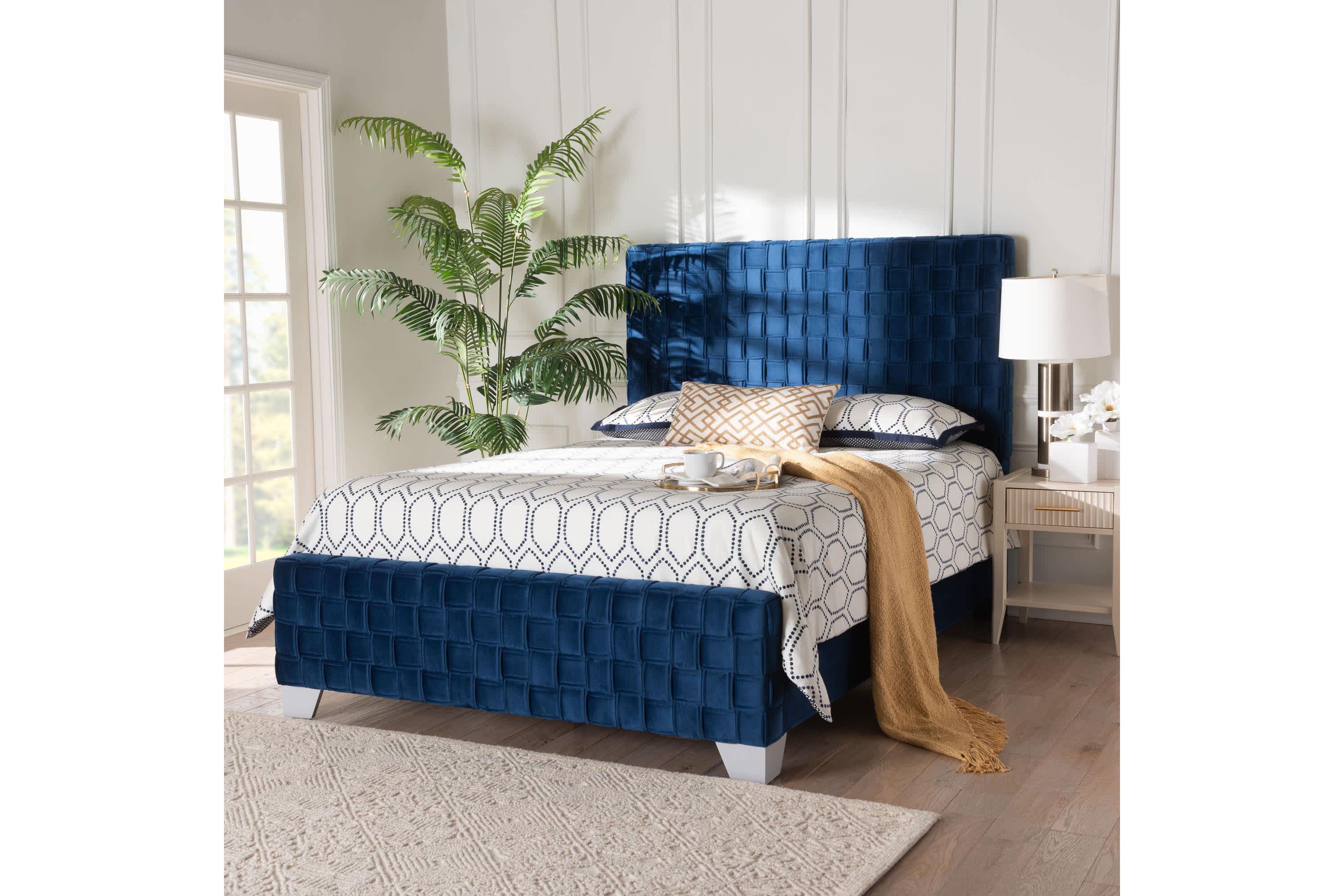 Emlyn Navy Blue Velvet Fabric Queen Panel Bed