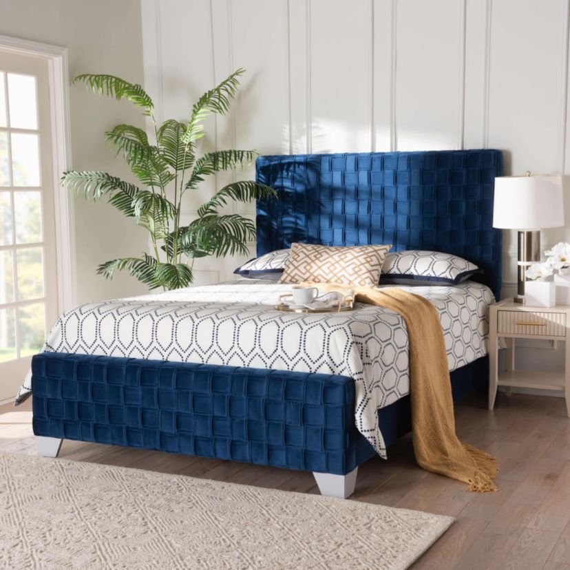 Emlyn Navy Blue Velvet Fabric Queen Panel Bed