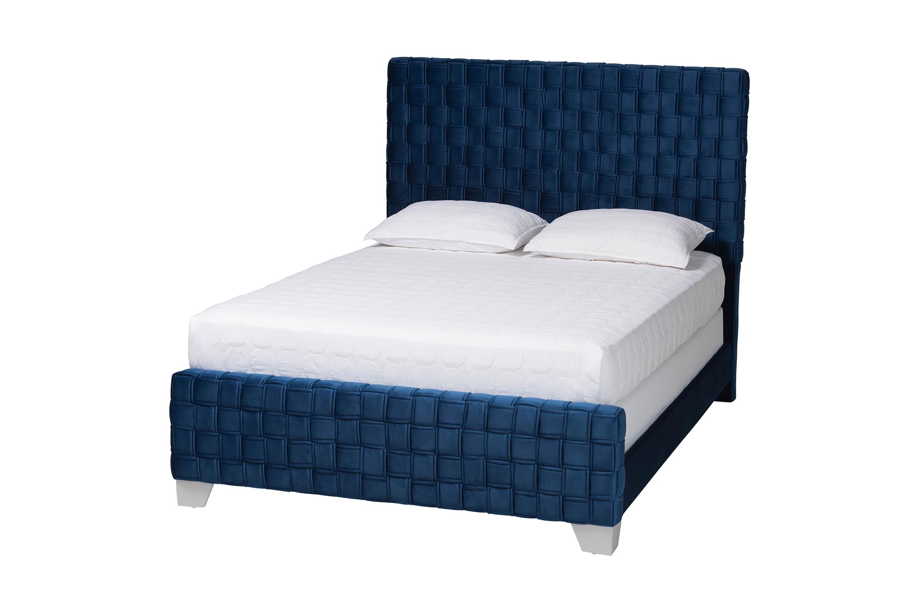 Emlyn Navy Blue Velvet Fabric Queen Panel Bed