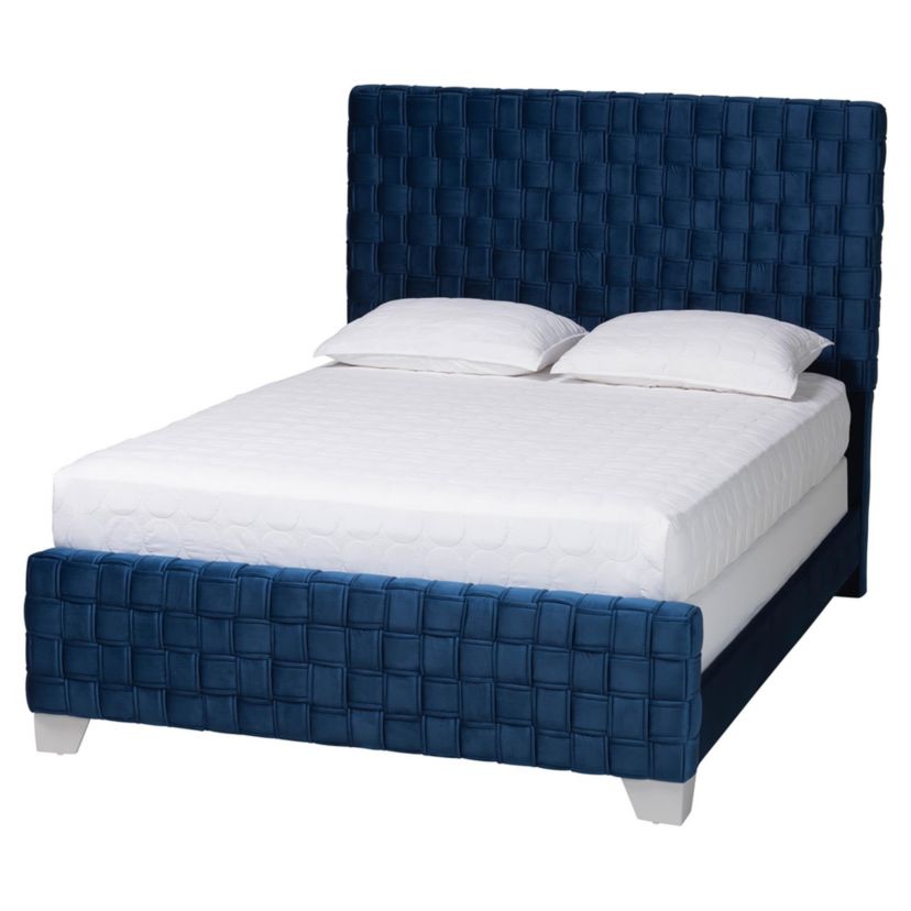 Emlyn Navy Blue Velvet Fabric Queen Panel Bed