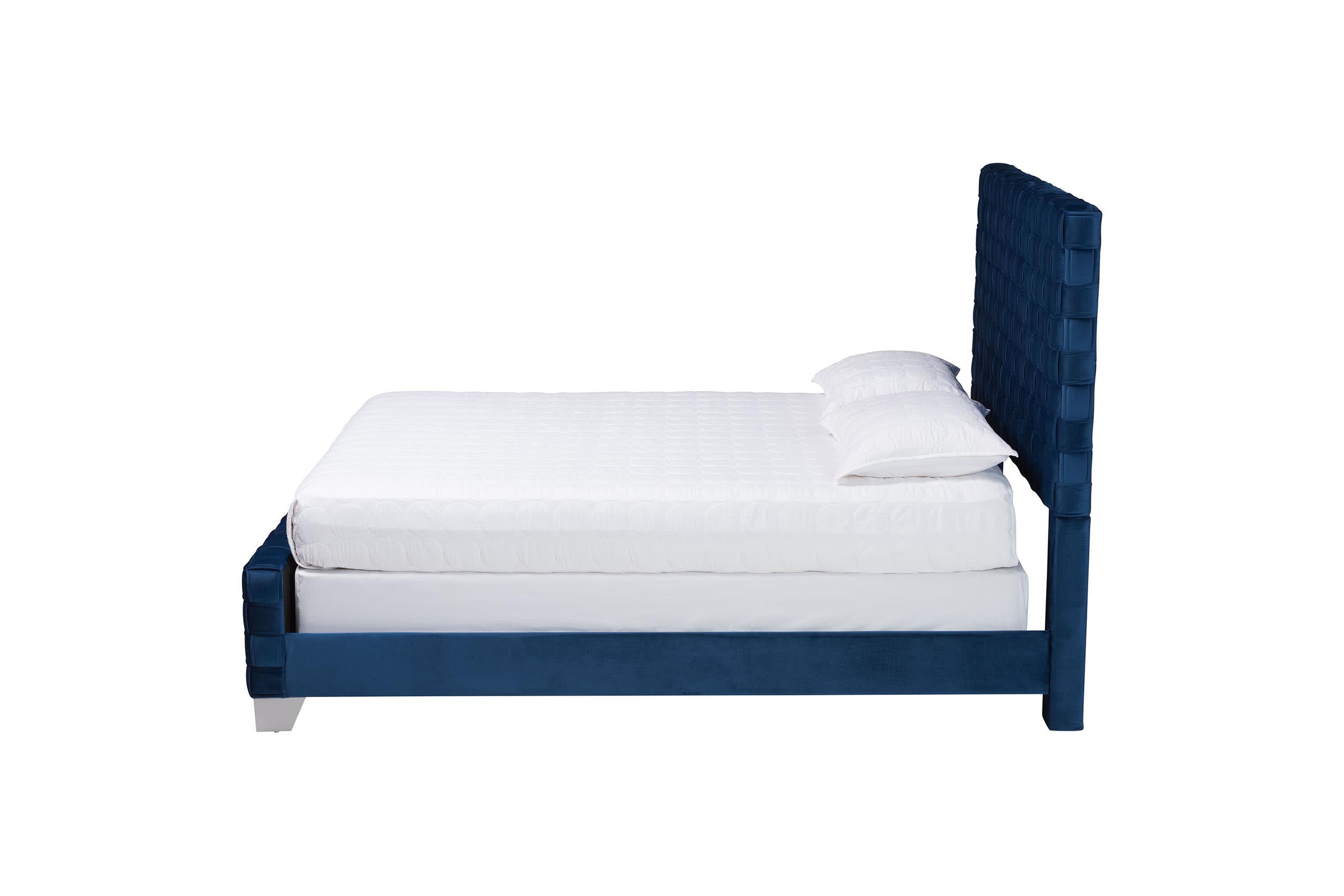 Emlyn Navy Blue Velvet Fabric Queen Panel Bed