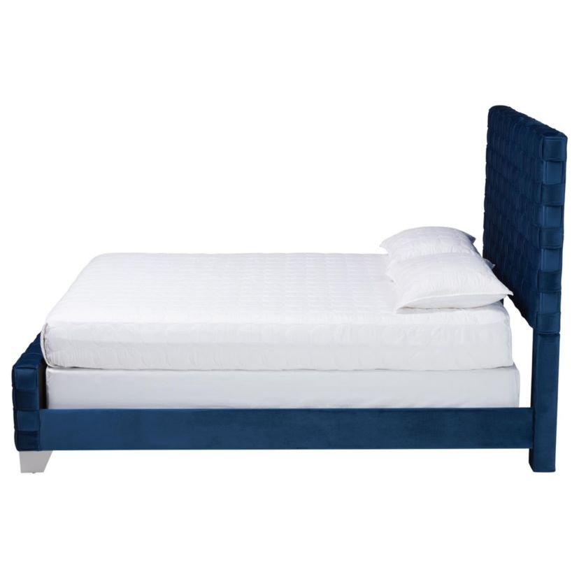 Emlyn Navy Blue Velvet Fabric Queen Panel Bed