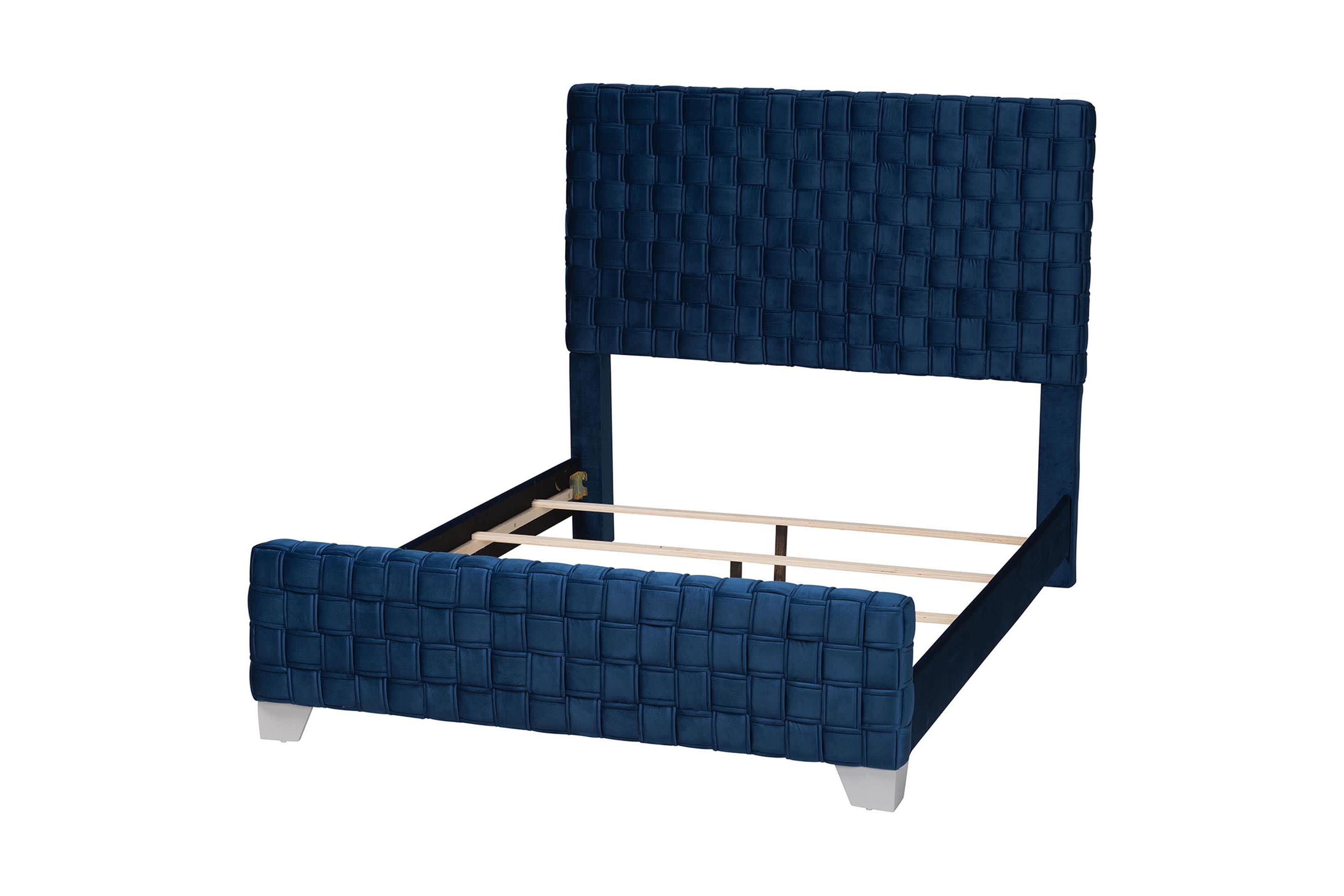 Emlyn Navy Blue Velvet Fabric Queen Panel Bed