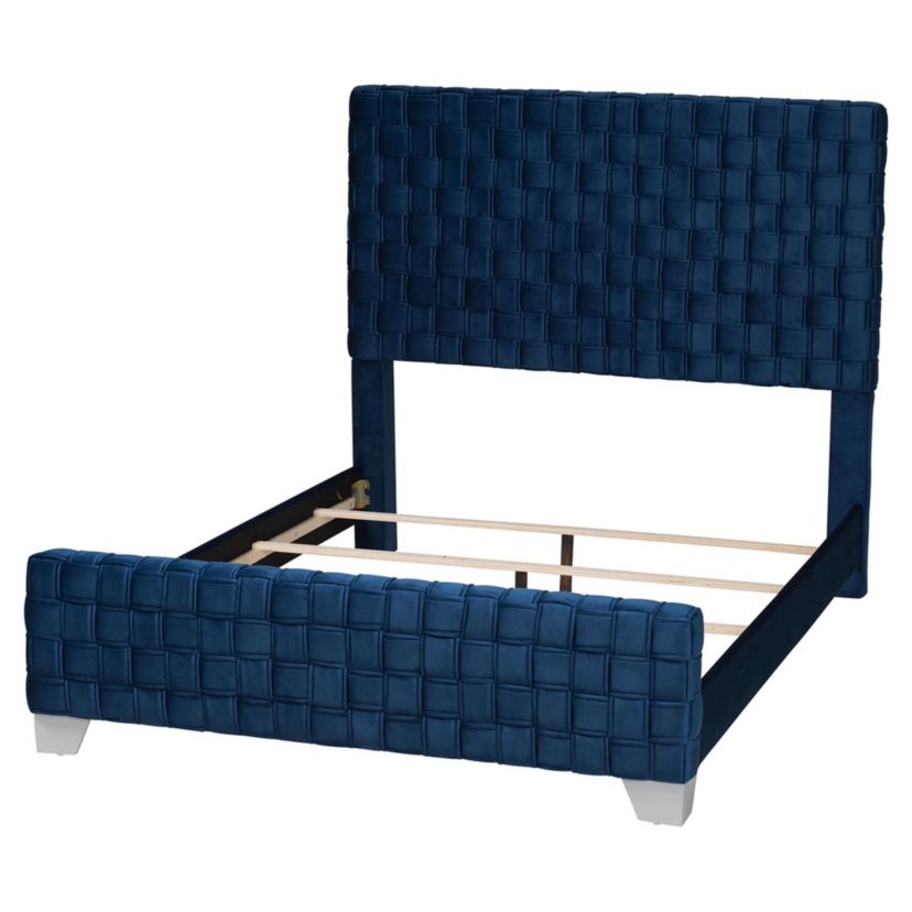 Emlyn Navy Blue Velvet Fabric Queen Panel Bed