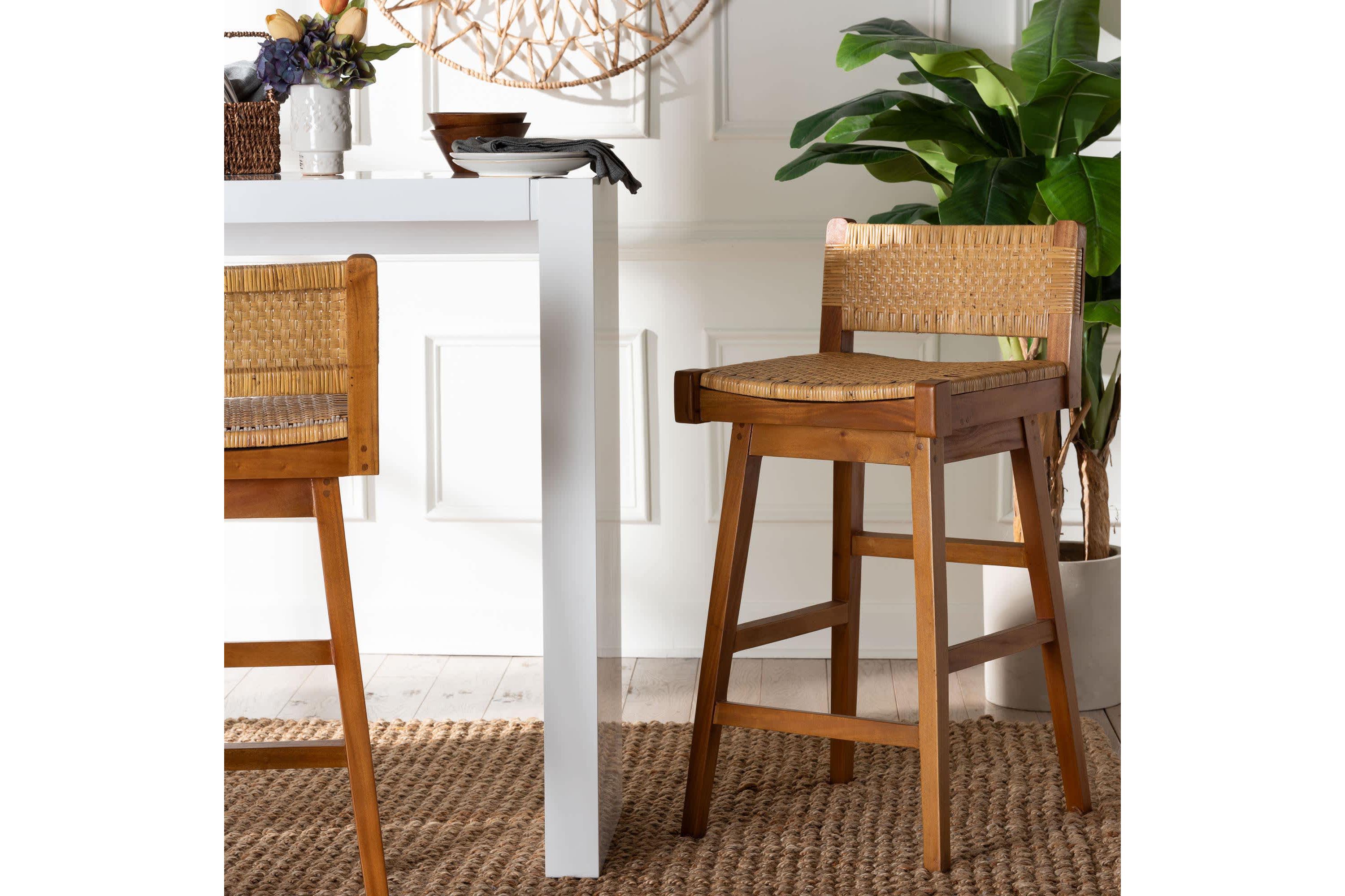 Asgart Natural Rattan and Mahogany Wood Bar Stool