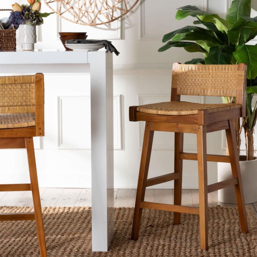 Asgart Natural Rattan and Mahogany Wood Bar Stool