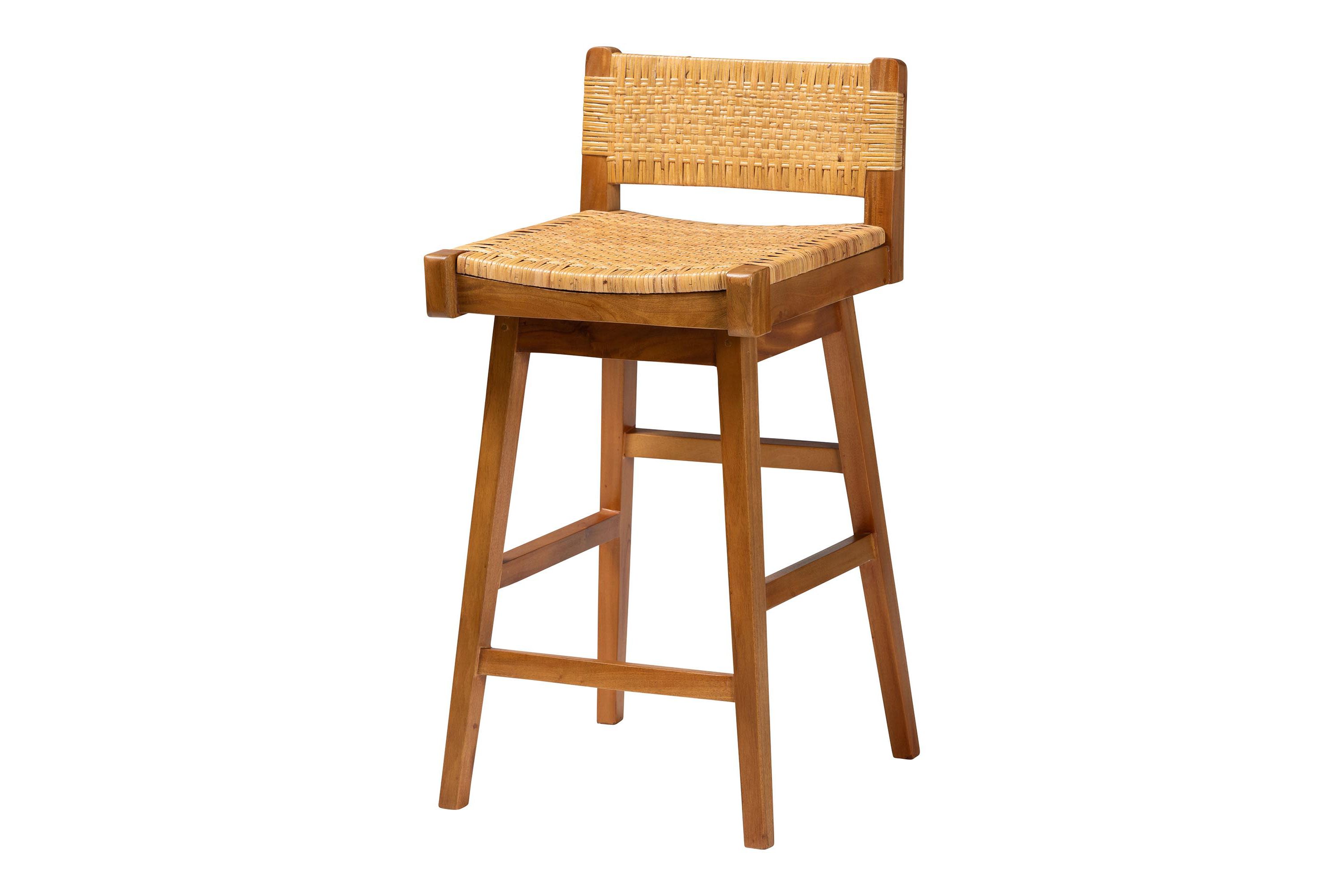Asgart Natural Rattan and Mahogany Wood Bar Stool