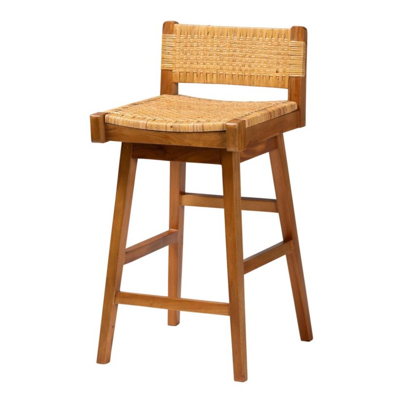 Asgart Natural Rattan and Mahogany Wood Bar Stool