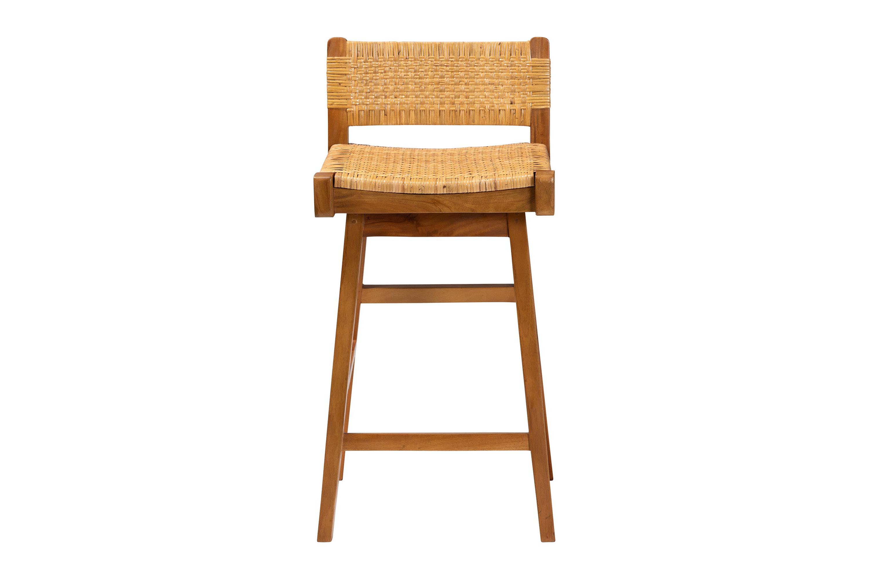 Asgart Natural Rattan and Mahogany Wood Bar Stool