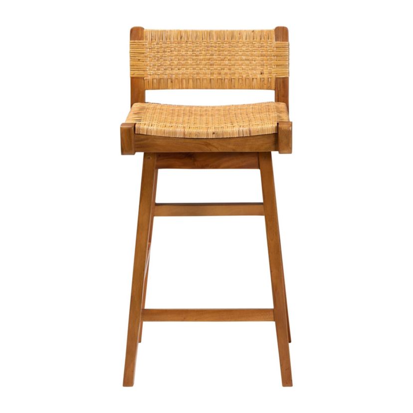 Asgart Natural Rattan and Mahogany Wood Bar Stool