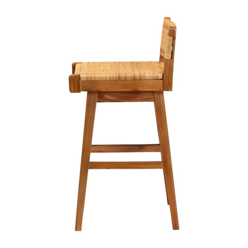 Asgart Natural Rattan and Mahogany Wood Bar Stool