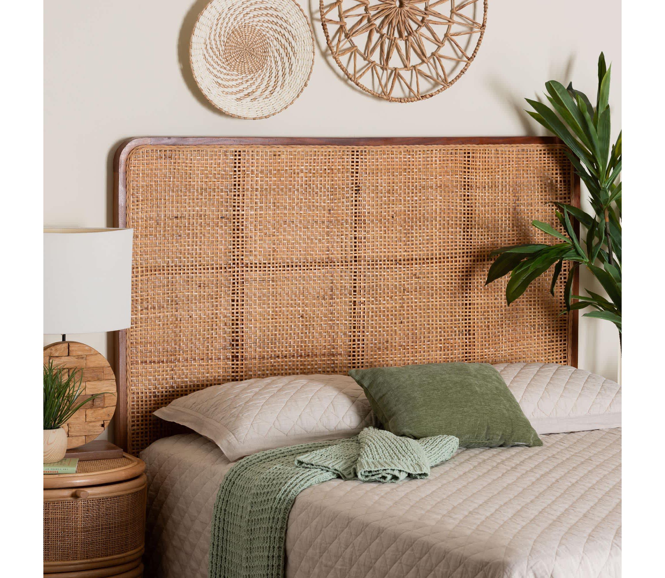 Caspia Natural Rattan and Mahogany Wood Queen Headboard