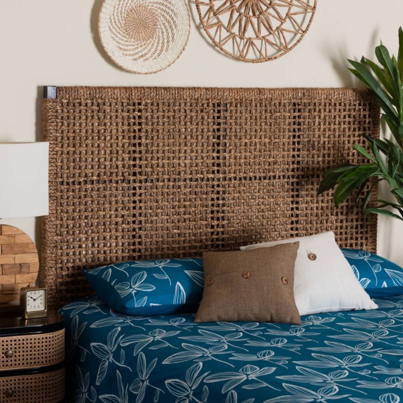 Alise Seagrass and Dark Brown Mahogany Wood Queen Headboard