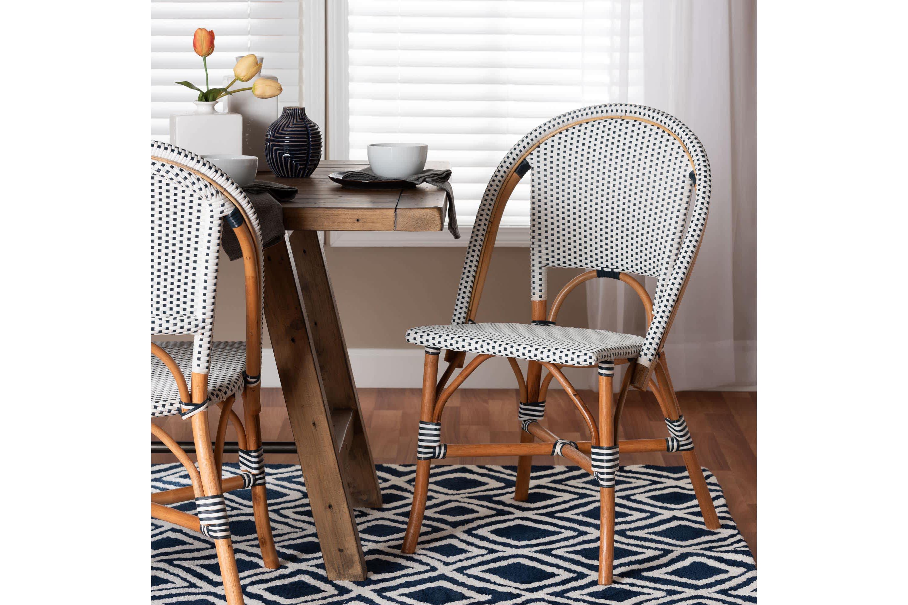 Genica Navy and White Weaving and Natural Rattan Bistro Chair