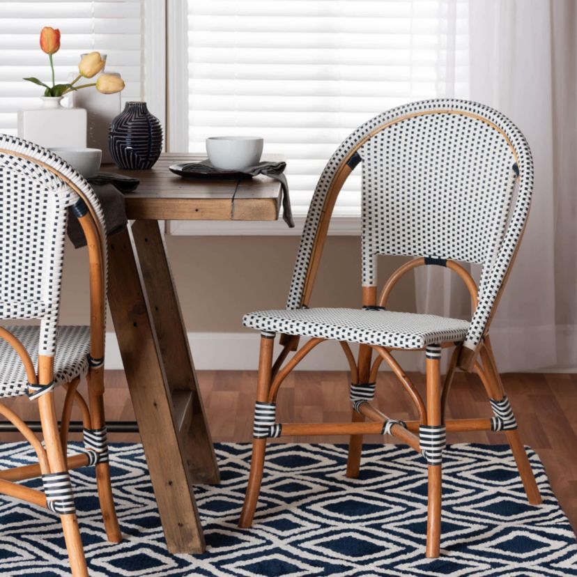Genica Navy and White Weaving and Natural Rattan Bistro Chair