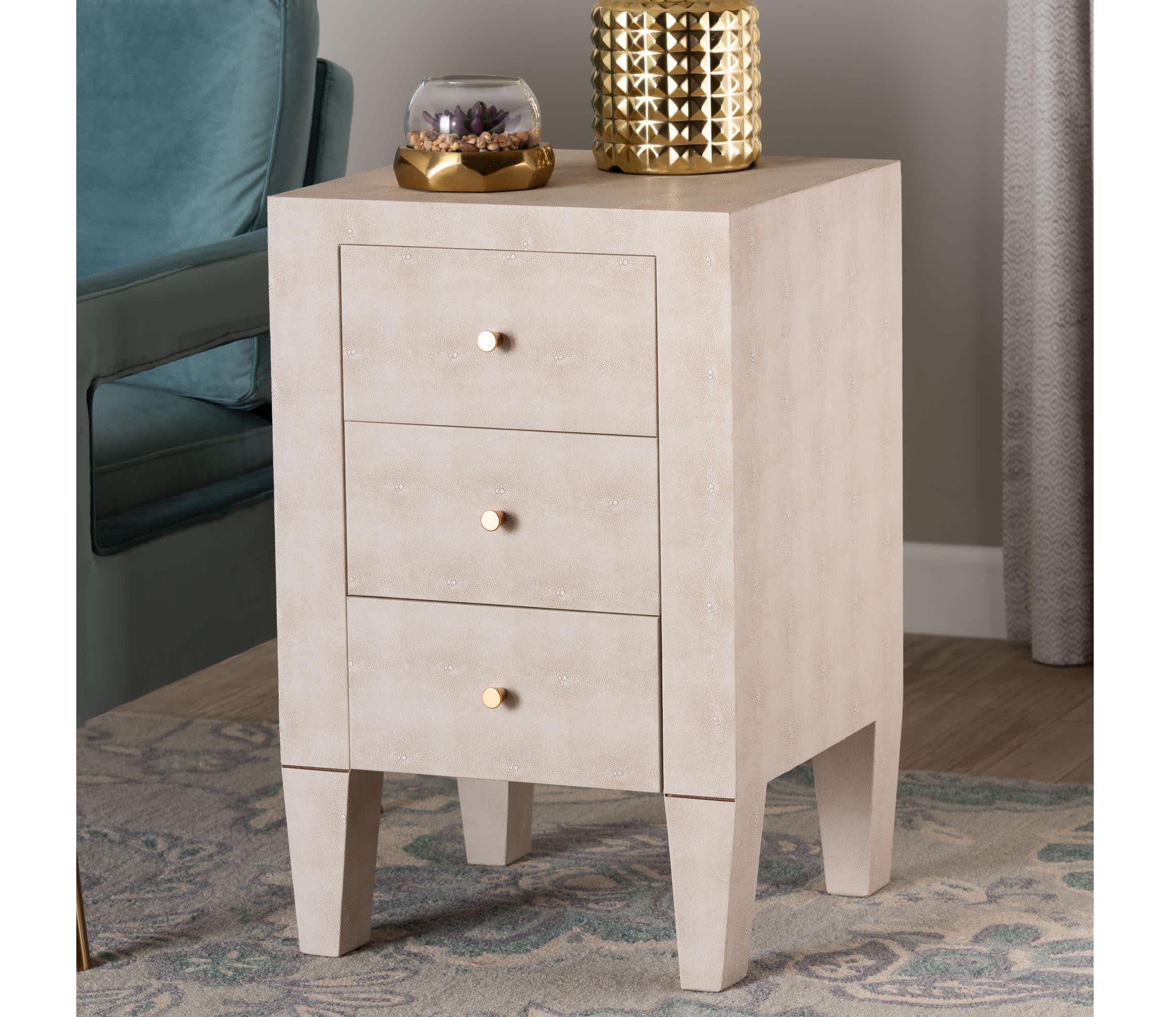 Leyna Beige Faux Shagreen 3-Drawer End Table