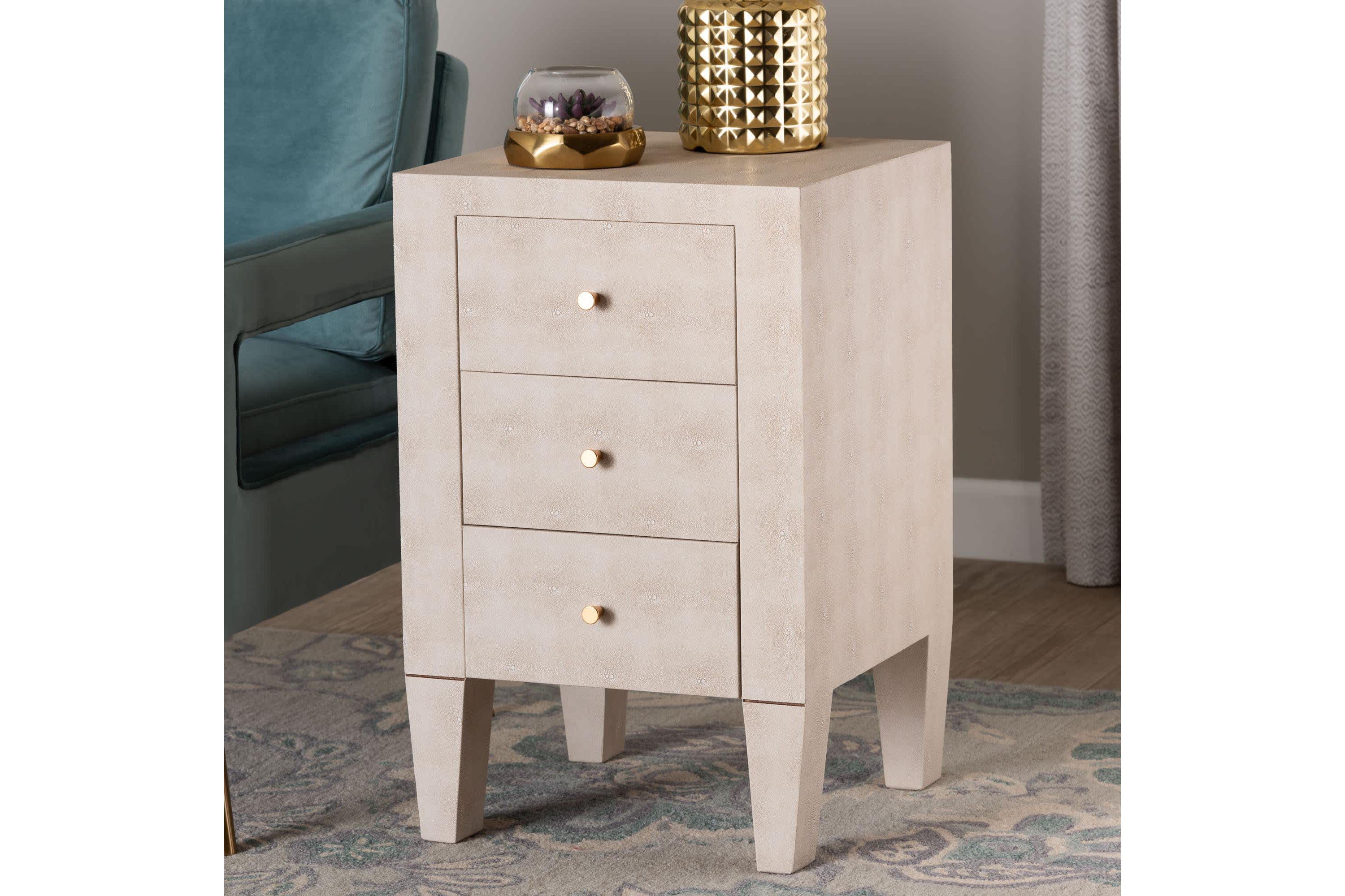 Leyna Beige Faux Shagreen 3-Drawer End Table