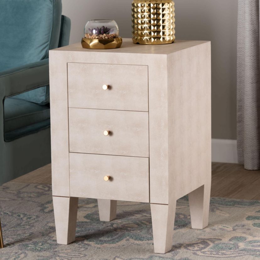 Leyna Beige Faux Shagreen 3-Drawer End Table