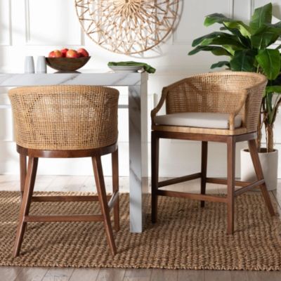 bali & pari Lumajang Light Honey Rattan and Wood 2-Piece Counter Stool Set, Brown