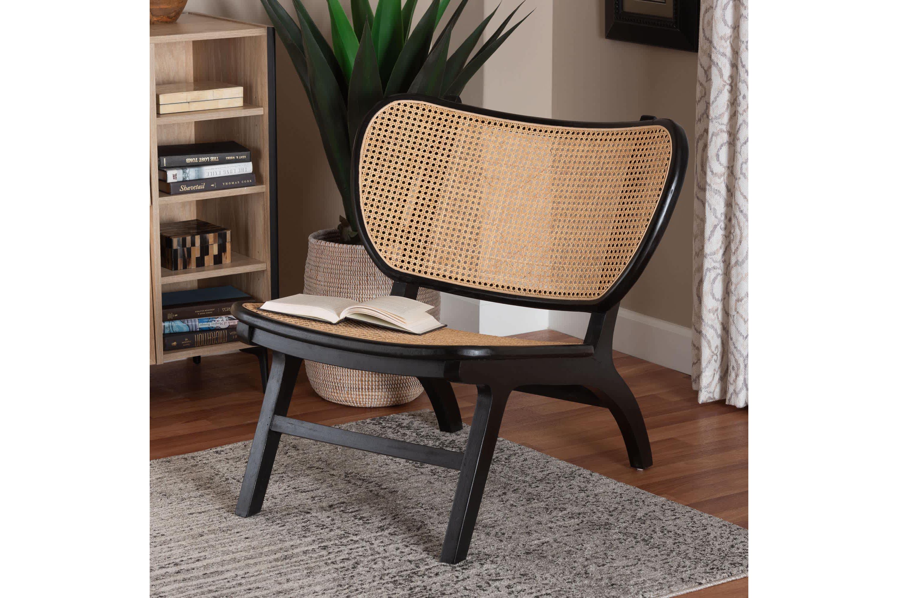 Brisbane Black Mahogany Wood and Woven Rattan Accent Chair