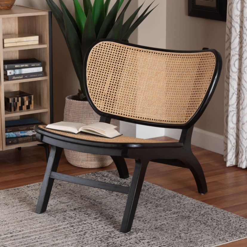 Brisbane Black Mahogany Wood and Woven Rattan Accent Chair