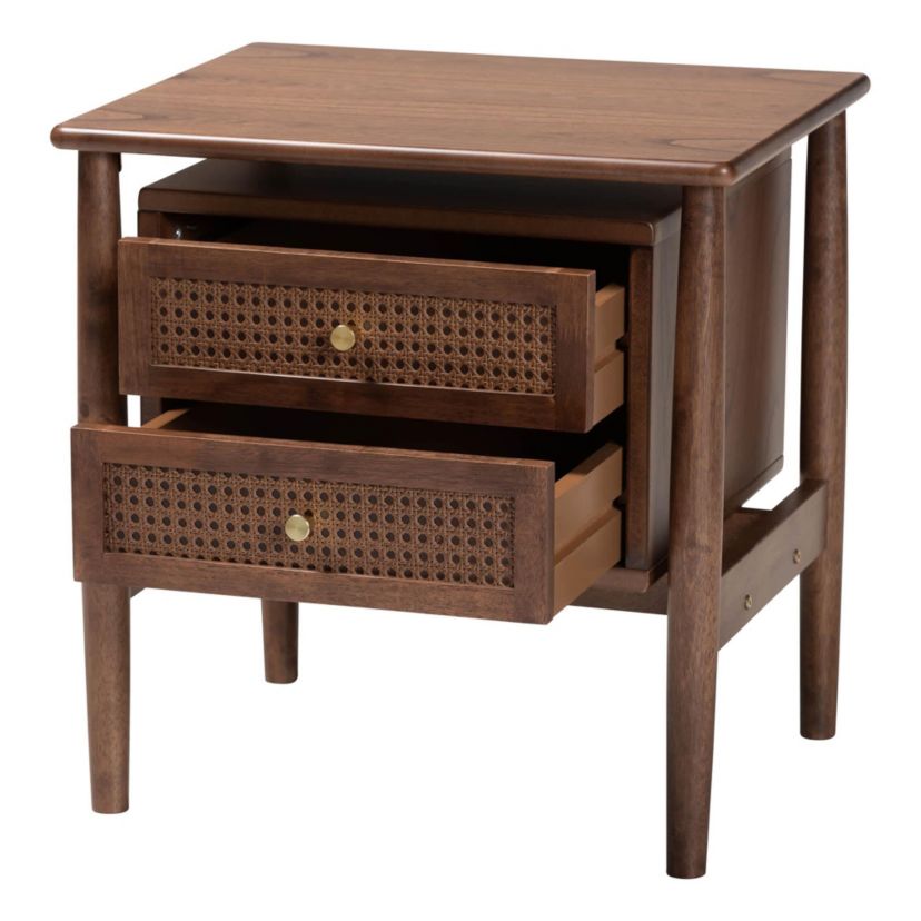 Alyssa Walnut Brown Wood 2-Drawer Nightstand Woven with Rattan