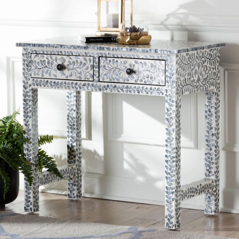 Diata Black and White Mother of Pearl Capiz Shell 2-Drawer Console Table