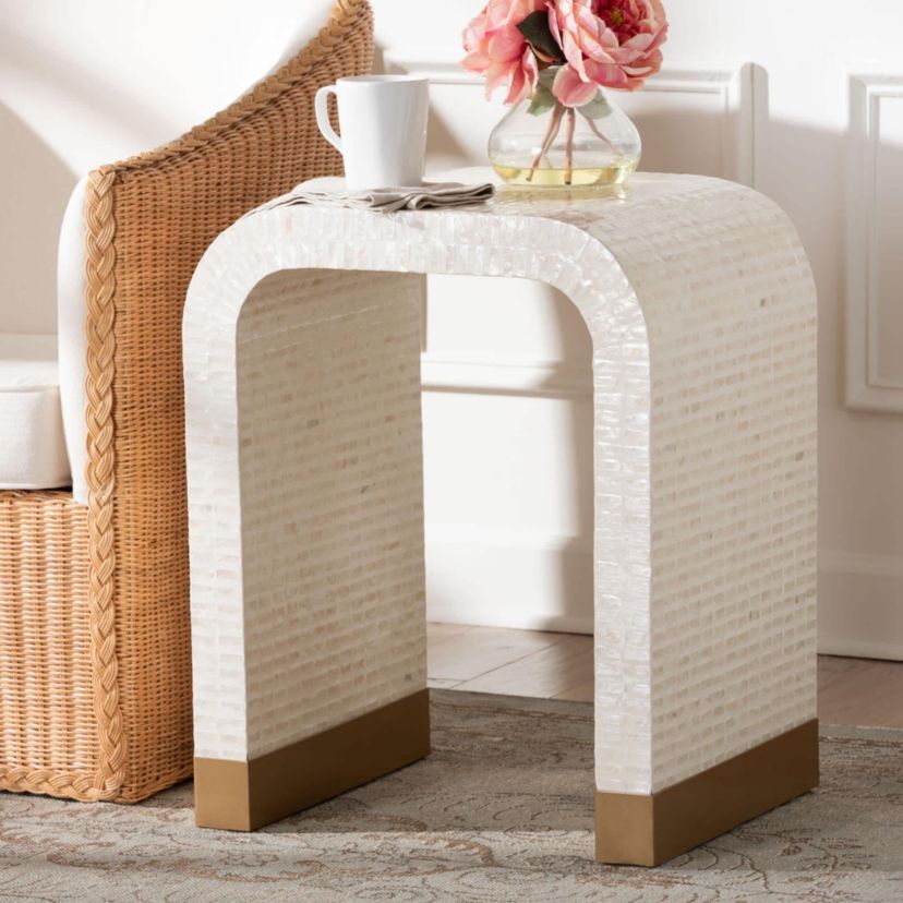 Carlyn Beige and White Mother of Pearl Capiz Shell End Table