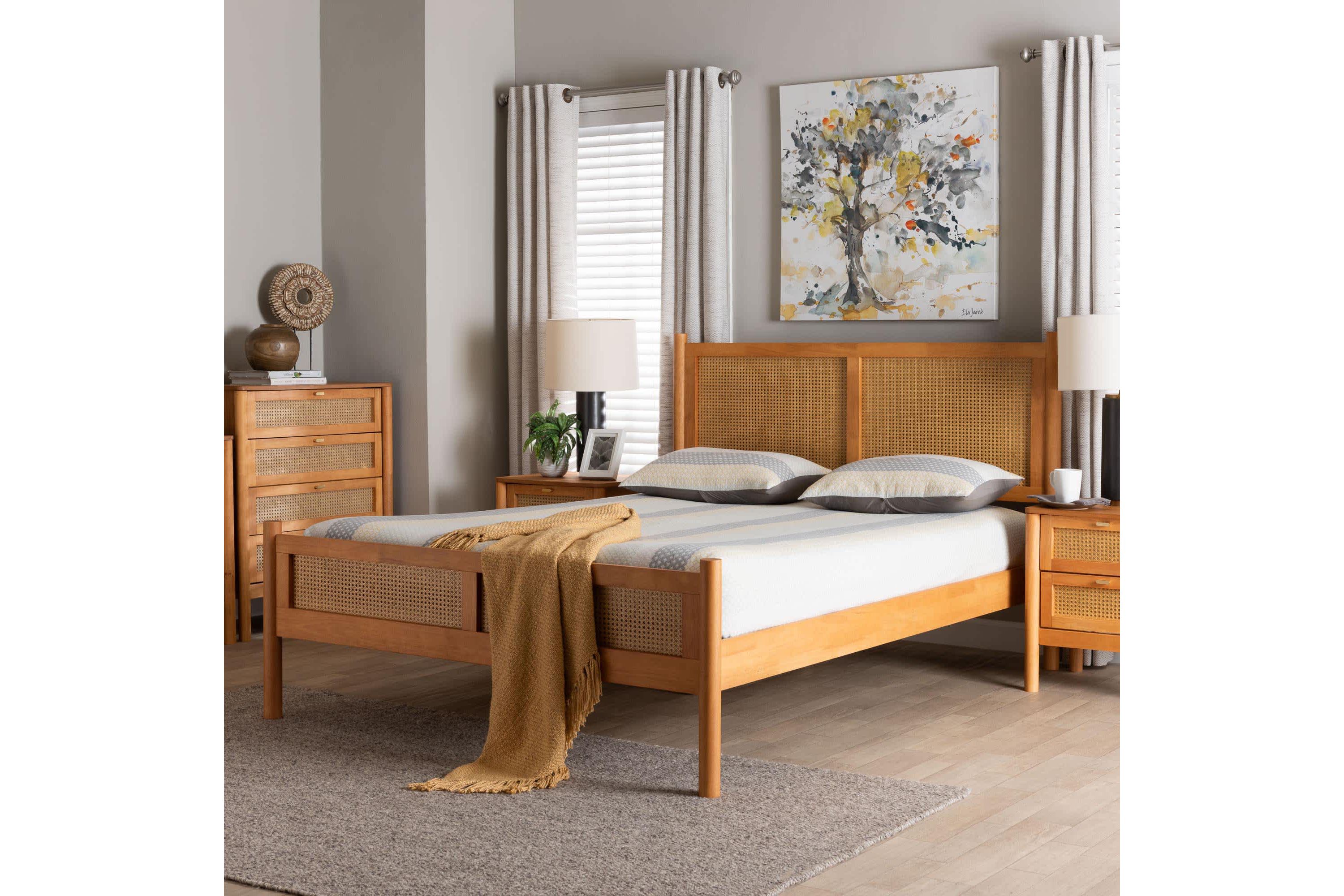 Jenn Golden Brown Wood Queen Platform Bed with Distressed-Rattan