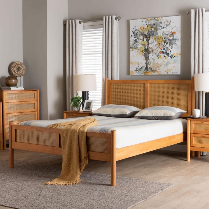 Jenn Golden Brown Wood Queen Platform Bed with Distressed-Rattan