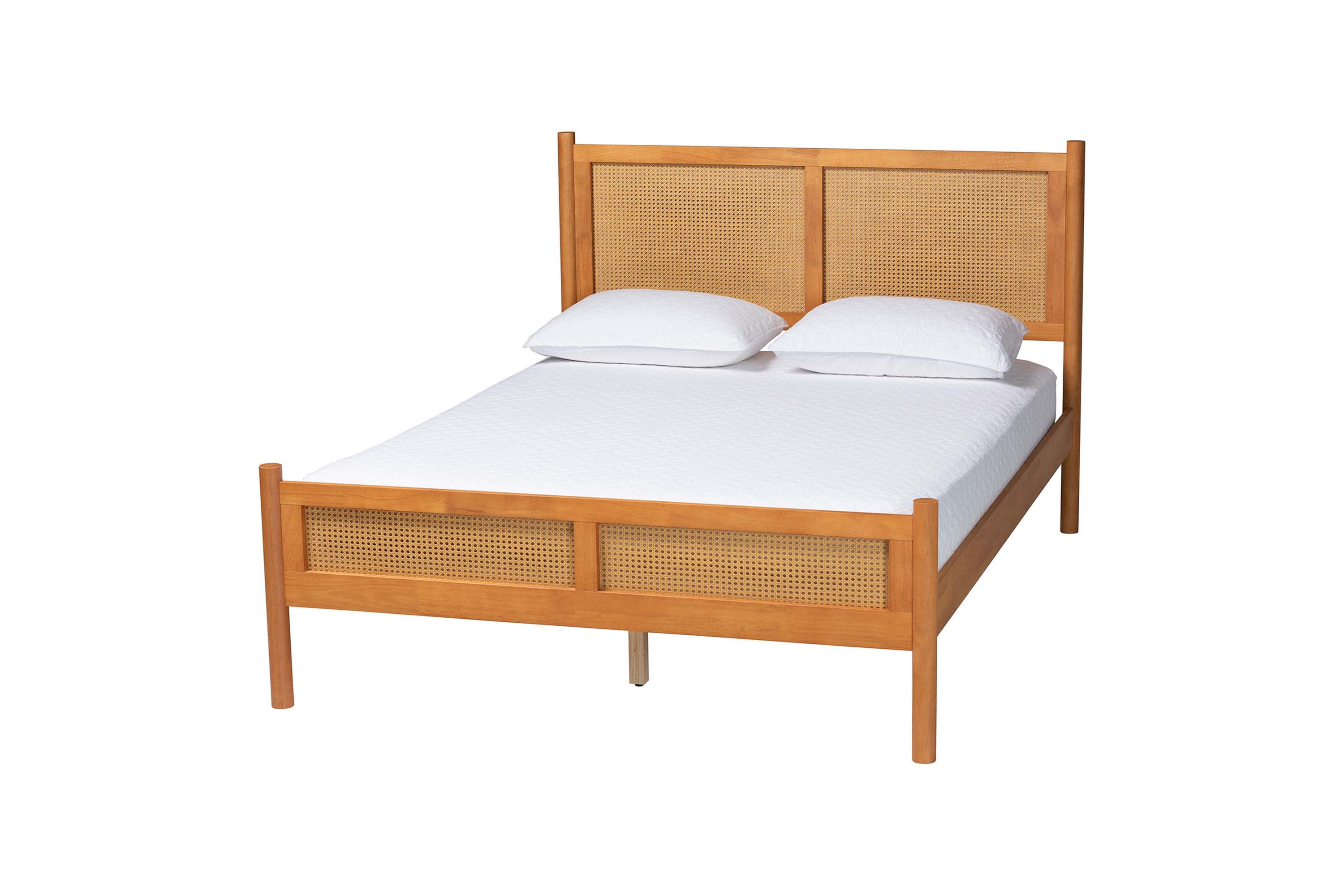 Jenn Golden Brown Wood Queen Platform Bed with Distressed-Rattan