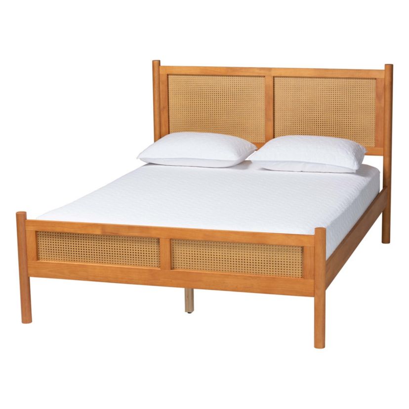Jenn Golden Brown Wood Queen Platform Bed with Distressed-Rattan