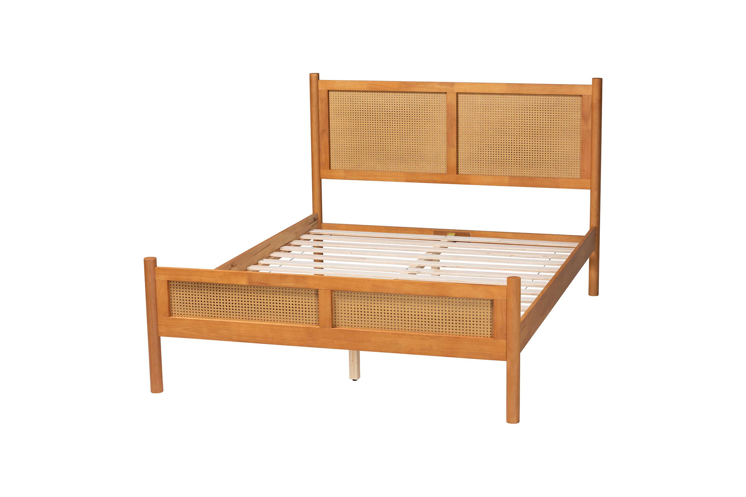Jenn Golden Brown Wood Queen Platform Bed with Distressed-Rattan