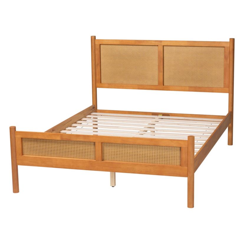 Jenn Golden Brown Wood Queen Platform Bed with Distressed-Rattan