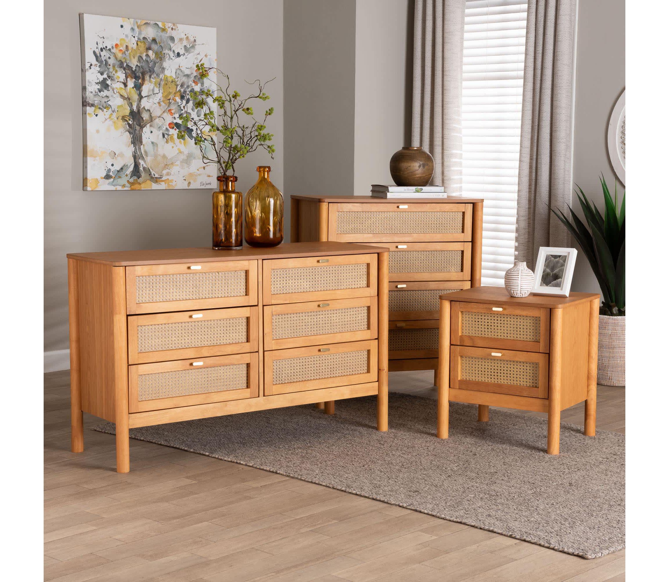 Jenn Golden Brown Wood 3-Piece Storage Set with Distressed-Rattan